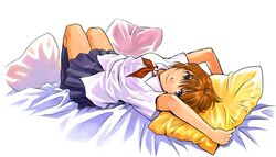  anezaki_mamori blue_eyes brown_hair eyeshield_21 female kneehighs pillow sakurai_muto school_uniform short_hair skirt socks solo 