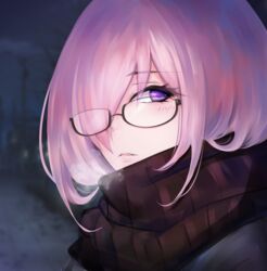  absurdres alternate_costume black-framed_eyewear blush breath commentary enpera fate/grand_order fate_(series) female glasses hair_over_one_eye highres looking_at_viewer mash_kyrielight night parted_lips pink_hair purple_eyes rebyo scarf self-upload semi-rimless_eyewear solo under-rim_eyewear upper_body 