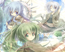  3girls ahoge bad_id bad_pixiv_id blue_eyes blue_hair duel_monster eria_(yu-gi-oh!) eria_the_water_charmer green_eyes green_hair itsutsuki jacket long_hair lyna_(yu-gi-oh!) lyna_the_light_charmer multiple_girls one_eye_closed ponytail short_hair smile staff white_hair wynn_(yu-gi-oh!) wynn_the_wind_charmer yu-gi-oh! 