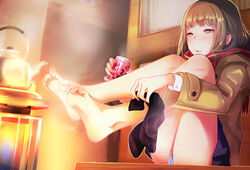  ass barefoot black_legwear blush brown_hair can coat commentary_request feet female foot_focus foreshortening half-closed_eyes heater kerosene_heater natsui_tuna original panties pantyshot parted_lips scarf sitting skirt soles solo steam teapot toes underwear unworn_socks white_panties winter_clothes winter_coat yellow_eyes 