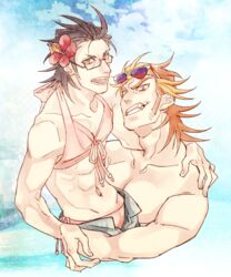  2boys :d akai_suzaku arm_around_shoulder beach bikini bikini_top_only black_hair collarbone commentary_request dnp glasses grey_eyes grin holding idolmaster idolmaster_side-m kurono_genbu looking_at_viewer male_focus multicolored_hair multiple_boys oerba_yun_fang open_mouth red_eyes red_hair shinsoku_ikkon_(idolmaster) sideburns smile spiked_hair swimsuit yaoi 