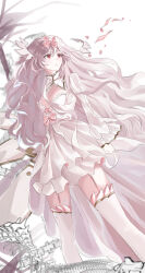  absurdres arcaea bow breasts bug butterfly cleavage dress female flipped_hair flower garter_straps gimmisa gloves highres hikari_(arcaea) hikari_(fatalis)_(arcaea) long_sleeves medium_breasts pink_bow pink_eyes pink_flower pink_hair pink_rose red_butterfly rose sidelocks solo thighhighs white_dress white_gloves white_thighhighs wide_sleeves 