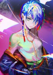  absurdres black_jacket blue_hair breasts closed_mouth ear_piercing earphones earrings female highres jacket jewelry looking_at_viewer medium_breasts multicolored_hair nababa off_shoulder original piercing red_hair shirt short_hair solo standing white_shirt 