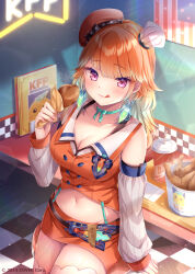  :q bare_shoulders beret blonde_hair breasts checkered_floor chef_hat chicken_(food) chicken_leg cleavage commentary_request crop_top detached_sleeves female food gradient_hair groin hat highres holding holding_food hololive hololive_english indoors long_sleeves looking_at_viewer medium_breasts mini_hat multicolored_hair navel nemuri_nemu official_art orange_hair orange_hat orange_shirt orange_skirt puffy_long_sleeves puffy_sleeves purple_eyes shirt skirt sleeveless sleeveless_shirt solo takanashi_kiara takanashi_kiara_(1st_costume) thighhighs tilted_headwear tongue tongue_out virtual_youtuber white_hat white_sleeves white_thighhighs 