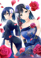  2girls amagami-san_chi_no_enmusubi amagami_yae ass bare_shoulders black-framed_eyewear blue_dress blue_gloves blue_hair blue_nails breasts cleavage closed_mouth collarbone dark_blue_hair dress falling_petals floral_print flower glasses gloves green_eyes green_ribbons hair_flower hair_ornament highres jewelry large_breasts light_blush long_hair marcey multiple_girls nail_polish necklace official_art petals print_dress red_flower red_ribbon red_rose ribbon rose rose_petals semi-rimless_eyewear short_hair side_slit signature strapless strapless_dress takeda_makoto under-rim_eyewear 