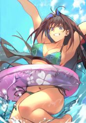  absurdres aozaki_aoko arms_up bikini blue_eyes blue_sky breasts brown_hair cleavage female green_bikini highres hiro_(hirohiro_gorira) innertube long_hair looking_at_viewer mahou_tsukai_no_yoru navel sky smile solo swim_ring swimsuit teeth water 