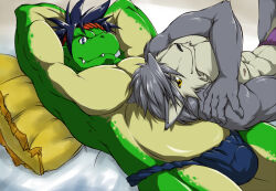  2boys abs animal_ears arms_behind_back bara bare_pectorals belly blue_eyes bulge commentary_request dog_boy dog_ears dog_nose dragon_boy dragon_ears fangs fangs_out fat fundoshi furry furry_male green_scales grey_fur grey_hair hand_on_own_shoulder japanese_clothes kouya_aotsuki looking_at_viewer lying_on_person male_focus male_underwear morenatsu multiple_boys muscular muscular_male navel nipples no_pants on_bed pectoral_cleavage pectorals pillow plump purple_male_underwear suruga0307 tatsuki_midoriya topless_male underwear yellow_eyes 