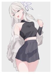  absurdres alternate_costume black_skirt blue_archive border casual female gradient_halo grey_background grey_eyes grey_hair grey_halo halo highres kitaminami konoka_(blue_archive) mask mouth_mask multicolored_halo simple_background skirt solo surgical_mask white_border white_mask 