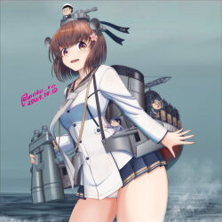  binoculars blue_sailor_collar blush breasts brown_eyes brown_hair cherry_blossoms cloud dated day dress female flower godzilla_(series) godzilla_minus_one grey_neckerchief grey_sky hair_ornament headgear kantai_collection long_sleeves medium_breasts moke_ro neckerchief ocean open_mouth outdoors panties rigging sailor_collar sailor_dress short_hair simple_background sky smile smokestack speaking_tube_headset twitter_username underwear white_dress white_panties yukikaze_(kancolle) yukikaze_kai_ni_(kancolle) 