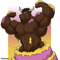  anthro bovid bovine cake cattle dessert food hybrid male male/male mammal monstadog muscular muscular_anthro muscular_male solo surprise 