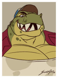  alligator alligatorid anthro clothed clothing crocodilian green_body green_scales hat headgear headwear looking_at_viewer male overweight overweight_anthro overweight_male reptile salvador(gator) scales scalie simple_background smile smirk solidasp solo stained_clothing topwear vest 