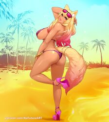  animal_ear_fluff animal_ears animal_print ass beach bikini blonde_hair bracelet breasts day eyewear_on_head fate/grand_order fate_(series) female fox_ears fox_girl fox_tail gradient_hair gyaru high_heels highres jewelry large_breasts leopard_print multicolored_hair nofuture outdoors palm_tree pink_bikini pink_hair solo standing standing_on_one_leg sunglasses suzuka_gozen_(fate) suzuka_gozen_(swimsuit_rider)_(fate) suzuka_gozen_(swimsuit_rider)_(second_ascension)_(fate) swimsuit tail tan tree yellow_eyes 