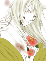  1boy animal_ears blood blood_on_clothes blood_on_face camellia commentary_request fingernails floral_print flower fox_boy fox_ears haori japanese_clothes kamisama_hajimemashita kimono licking_lips long_hair looking_at_viewer lowres male_focus purple_eyes red_flower runrun_(sourin) sharp_fingernails solo tomoe_(kamisama_hajimemashita) tongue tongue_out upper_body white_background white_hair white_kimono 