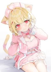  :3 ahoge animal_ears arm_support belt blonde_hair blush breasts cat_ears cat_girl cat_tail cleavage closed_mouth commentary_request commission crop_top female gloves hair_intakes hand_on_own_cheek hand_on_own_face hat heart heart_ahoge highres izumi_kei jacket kemomimi_refle! large_breasts long_sleeves looking_at_viewer mole mole_under_eye nekoma_karin nurse_cap open_clothes open_jacket pink_eyes pink_jacket pink_skirt puffy_long_sleeves puffy_sleeves simple_background sitting skeb_commission skirt smile solo tail test_tube thighs white_background white_belt white_gloves wing_hair_ornament 