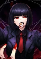  1other black_hair black_skirt blood blood_on_clothes blood_on_face blood_on_hands blurry blurry_background blurry_foreground cannibalism collared_shirt commentary english_commentary eyeball female guro highres jacket kabedon_on_viewer limbus_company lobotomy_corporation_(identity)_(project_moon) looking_at_viewer necktie pov pov_hands project_moon purple_jacket red_eyes red_necktie ryoshu_(project_moon) scar scar_on_cheek scar_on_face scar_on_nose shirt short_hair silk skirt solo_focus spider_bud spider_web tresmarrow 