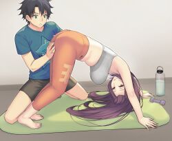  1boy ass black_pants blue_shirt bottle breasts dynamitenatalia fate/grand_order fate_(series) female fujimaru_ritsuka_(male) hand_on_another&#039;s_ass highres long_hair pants scathach_(fate) shirt sports_bra upside-down yoga yoga_mat yoga_pants 