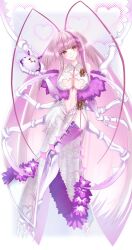  antennae arthropod_girl breasts brown_eyes center_opening closed_mouth dress extra_arms facial_mark female flower heart highres io_07 large_breasts long_hair matara_kan matara_kan_(1st_costume) multicolored_hair navel pink_hair purple_flower purple_hair sleeveless sleeveless_dress smile solo two-tone_hair virtual_youtuber vshojo white_dress 