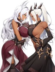  2girls absurdres arms_under_breasts black_dress black_horns black_thighhighs breast_press breasts bridal_gauntlets casul cleavage clothing_cutout commission dark-skinned_female dark_skin detached_sleeves dress earrings from_side garter_straps gloves green_eyes hands_on_own_hips highres horns jewelry large_breasts long_hair looking_at_another multiple_girls multiple_horns original ponytail red_dress smile stomach_cutout symmetrical_docking thighhighs white_background white_gloves white_hair white_horns yellow_eyes 