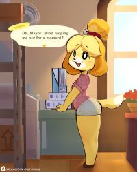  absurd_res animal_crossing anthro canid canine canis clothed clothing domestic_dog female hi_res isabelle_(animal_crossing) looking_at_viewer mammal nintendo offscreen_character qr_code solo speech_bubble text tofuuu villager_(animal_crossing) 