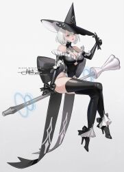  2b_(nier:automata) alternate_costume bare_shoulders black_bow black_footwear black_gloves black_hat black_leotard black_thighhighs blue_eyes bow breasts cleavage collarbone covered_navel english_commentary english_text female full_body gloves hand_on_headwear hat high_heels highleg highleg_leotard highres large_breasts leotard lips looking_at_viewer nier:automata nier_(series) off-shoulder_leotard parted_lips princess_ailish sitting solo thighhighs typo white_hair witch_hat 