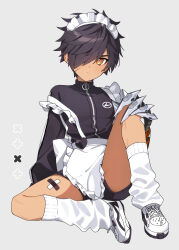  1boy apron bandaid bandaid_on_leg black_hair black_jacket black_shorts claw_(weapon) dark-skinned_male dark_skin elsword expressionless frilled_apron frills grey_background hair_over_one_eye highres jacket knee_up looking_at_viewer maid_apron male_focus orange_eyes raven_cronwell sasa_(sa1008va) scar scar_on_cheek scar_on_face shoes short_hair short_hiar shorts simple_background sitting sneakers solo thighs track_jacket v-shaped_eyebrows waist_apron weapon white_footwear zipper_pull_tab 