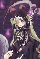  alternate_costume alternate_hairstyle bags_under_eyes black_robe blue_eyes blush breasts cleavage cleavage_cutout clothing_cutout commentary_request cosplay death_(entity) eyes_visible_through_hair feet_out_of_frame female green_hair grim_reaper grim_reaper_(cosplay) hair_between_eyes hair_over_one_eye heterochromia highres hitodama holding holding_scythe hood hood_up hooded_robe large_breasts long_bangs long_hair looking_at_viewer nanashi_inc. navel navel_cutout nukokaki open_mouth robe scythe sekishiro_mico sidelocks sitting skeleton_print smile solo swept_bangs twintails very_long_hair virtual_youtuber yellow_eyes 