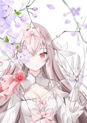  absurdres arcaea bow breasts bug butterfly cleavage dress female flipped_hair flower gloves highres hikari_(arcaea) hikari_(fatalis)_(arcaea) hoshihan_hoshi_han long_sleeves medium_breasts pink_bow pink_eyes pink_flower pink_hair pink_rose red_butterfly rose sidelocks solo thighhighs white_dress white_gloves white_thighhighs wide_sleeves 