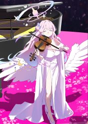  absurdres alternate_costume angel_wings blue_archive feathered_wings female gradient_halo hair_bun halo highres instrument jiki_(gkdlfnzo1245) low_wings mika_(blue_archive) multicolored_halo music piano pink_halo playing_instrument single_side_bun solo violin white_wings wing_ornament wings 