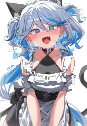  @_@ absurdres alternate_costume animal_ears apron artist_name black_choker black_dress blue_eyes blue_hair blush cat_ears cat_tail choker colored_inner_hair commentary_request criss-cross_halter detached_sleeves dress ear_blush enmaided female frilled_apron frills furina_(genshin_impact) genshin_impact grey_hair halterneck highres light_blue_hair long_hair looking_at_viewer maid maid_apron maid_headdress multicolored_hair oerba_yun_fang open_mouth ponytail rirua_(kjom802) short_sleeves simple_background skin_fang solo streaked_hair sweatdrop tail very_long_hair white_background white_sleeves 