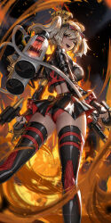  :d black_gloves black_jacket black_panties black_skirt black_thighhighs blonde_hair breasts burnice_white commentary cowboy_shot cropped_jacket dual_wielding english_commentary eyewear_on_head female fingerless_gloves fire flamethrower from_behind from_below gloves highres holding jacket large_breasts liang_xing looking_at_viewer median_furrow one_eye_closed orange-tinted_eyewear orange_eyes panties patreon_username propane_tank short_hair signature skirt smile solo standing sunglasses teeth thighhighs thighs tinted_eyewear twintails underwear upper_teeth_only weapon zenless_zone_zero 