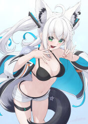  ahoge animal_ear_fluff animal_ears artist_name bikini blush braid breasts cleavage commentary_request earrings extra_ears female fox_ears fox_girl fox_shadow_puppet fox_tail green_eyes gunknown hair_between_eyes highres hololive jacket jewelry long_hair looking_at_viewer medium_breasts navel open_clothes open_jacket open_mouth pentagram shirakami_fubuki shirakami_fubuki_(fubukitek) short_shorts shorts sidelocks simple_background single_braid smile solo swimsuit tail thigh_strap twintails virtual_youtuber white_background white_hair white_jacket white_shorts 