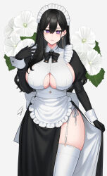  apron black_bow black_bowtie black_gloves black_hair blush bow bowtie breasts classy-black-haired_girl_(hayabusa) clothing_cutout commentary cowboy_shot earrings female flower garter_straps gloves hair_between_eyes hand_up hayabusa_(vert_320) highres jewelry large_breasts long_hair looking_at_viewer maid maid_headdress mole mole_on_breast mole_under_eye mole_under_mouth original parted_lips purple_eyes sideboob signature simple_background slit_pupils smile solo standing symbol-only_commentary thighhighs thighs underboob_cutout white_apron white_background white_garter_straps white_thighhighs wrist_cuffs 