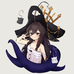  ahoge aonossco arm_up azur_lane bare_shoulders black_bow black_hat bow braid brown_hair commentary_request dress female grey_background grin hair_between_eyes hat huge_ahoge long_hair looking_at_viewer lowres pirate_hat red_eyes simple_background sleeveless sleeveless_dress smile solo strap_slip tentacle twin_braids upper_body w white_dress whydah_(azur_lane) 