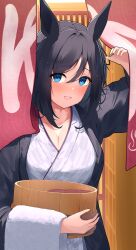  :d absurdres animal_ears black_hair blue_eyes blush bob_cut breasts cleavage eishin_flash_(umamusume) female hair_between_eyes highres holding horse_ears horse_girl japanese_clothes kimono large_breasts looking_at_viewer noren short_hair shumai_il smile solo swept_bangs towel_on_arm umamusume upper_body yukata 