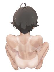  ahoge ass back back_focus barefoot black_hair commentary_request completely_nude feet female from_above from_behind highres kuroppoito make_heroine_ga_oo_sugiru! nude short_hair shoulder_blades simple_background soles solo spread_legs tan tanlines white_background yakishio_lemon 