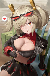  ;p absurdres belt black_belt black_gloves black_jacket black_shirt black_skirt blonde_hair breasts burnice_white cleavage collar commentary_request crop_top eyewear_on_head female fingerless_gloves gloves heart highres jacket large_breasts looking_at_viewer midriff on_chair onakaitai_ne one_eye_closed open_clothes open_jacket orange-tinted_eyewear orange_eyes partial_commentary red_collar shirt short_hair sitting skirt solo spoken_heart sweat tinted_eyewear tongue tongue_out twintails zenless_zone_zero 