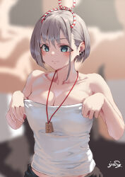  4girls bare_shoulders blue_eyes blurry blurry_background blush breasts cleavage closed_mouth collarbone commentary_request grey_hair jonsun lanyard large_breasts multiple_girls oerba_yun_fang original riku_(jonsun) short_hair signature skin_fang solo_focus 