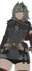  absurdres armor belt black_gloves blush breasts brown_eyes caesar_king_(zenless_zone_zero) cowboy_shot female fur_trim gloves green_hair hair_between_eyes hand_on_own_hip highres large_breasts long_hair looking_to_the_side open_mouth prosthesis prosthetic_arm shoulder_armor sidelocks simple_background solo standing strap v-shaped_eyebrows white_background zenless_zone_zero ziddol 