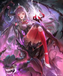  2others arm_support armor blush breasts brown_skirt claws cloud cloudy_sky commentary_request company_name demon demon_girl demon_horns demon_wings female fog from_below full_body hair_between_eyes hair_ornament hand_up headpiece high_heels hip_armor horns knee_pads kouyafu laura_(shadowverse) long_hair looking_at_viewer medium_breasts miniskirt multiple_others official_art open_mouth outdoors pleated_skirt purple_hair red_eyes red_thighhighs shadowverse sharp_teeth shoes shoulder_armor single_knee_pad single_shoe sitting skirt sky smile stiletto_heels teeth thighhighs thighs torn_clothes underbust upper_teeth_only very_long_hair wings 