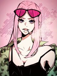  breasts cigarette cleavage commentary_request detective_0414 eyelashes eyewear_on_head female green_shirt hina_(one_piece) long_hair looking_at_viewer one_piece pink-tinted_eyewear pink_background pink_hair purple_eyes shirt sidelocks tinted_eyewear upper_body 