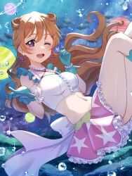  aqua_gloves bandeau breasts brown_hair collarbone commentary_request daydream_mermaid detached_sleeves earrings feet_out_of_frame female frilled_skirt frills gloves hair_horns highres jewelry konoe_kanata kyaku_tasu long_hair love_live! love_live!_nijigasaki_high_school_idol_club love_live!_nijigasaki_high_school_idol_club_kanketsu-hen medium_breasts midriff miniskirt navel official_alternate_costume pink_skirt print_skirt purple_eyes skirt solo star_(symbol) star_print starfish_earrings very_long_hair wavy_hair white_bandeau 