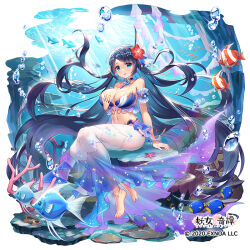  anzumame bare_shoulders barefoot bikini black_hair blue_bikini blue_eyes breasts bubble character_request copyright_notice coral female fins fish flower gold_anklet hair_flower hair_ornament head_fins large_breasts logo long_hair long_skirt mahoroba_youjo_kitan midriff navel official_art red_flower see-through_clothes see-through_skirt sitting skirt starfish swimsuit underwater 