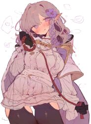  black_thighhighs blush cape closed_mouth collar commission cowboy_shot dress female flower frilled_dress frills grey_hair hair_flower hair_ornament head_tilt heart highres holding holding_leash leash long_hair looking_at_viewer original otintin pointy_ears purple_eyes simple_background skeb_commission solo spoken_heart steaming_body sweat thighhighs tongue tongue_out white_background white_cape white_dress 