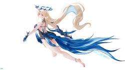  absurdres ass bare_legs bare_shoulders barefoot black_collar black_dress blonde_hair blue_eyes blue_hair breasts closed_mouth collar colored_inner_hair crown_of_thorns dress earrings feet female fleurdelys_(wuthering_waves) floating_earrings from_side full_body highres holding holding_sword holding_weapon horns jewelry large_breasts legs long_hair long_horns looking_at_viewer looking_to_the_side multicolored_hair pointy_ears short_dress simple_background single_horn soles solo sword toes very_long_hair weapon white_background wjy1347193 wuthering_waves yellow_horns 