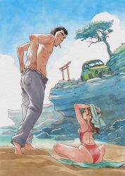  1boy arm_hair arms_up arsene_lupin_iii ass barefoot beach black_hair blue_sky blush breasts brown_hair butterfly_sitting car cliff cloud david_tako drying drying_hair drying_own_hair earrings facial_hair female fiat_500 from_behind goatee_stubble hand_hair highres hill jewelry long_hair looking_at_viewer lupin_iii median_furrow medium_breasts mine_fujiko mole mole_on_cheek mole_on_neck mole_on_shoulder motor_vehicle on_ground one-piece_swimsuit open_pants outdoors pants pants_lift red_one-piece_swimsuit rock sand short_hair signature sitting sky smirk sparse_chest_hair stubble swimsuit tan tanlines thick_thighs thighs topless_male torii traditional_media tree unlit_cigarette_in_mouth water yellow_car 