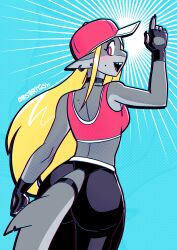  2024 5_fingers abstract_background absurd_res anthro ass baseball_cap black_choker black_clothing black_fingerless_gloves black_fingernails black_gloves black_handwear black_jewelry black_leggings black_legwear black_nails black_necklace blonde_hair blue_background bra choker clip_studio_paint_(artwork) clothed clothing colored_nails dated digital_media_(artwork) dithering drop_shadow ear_piercing ear_ring eyebrows eyelashes female fingerless_gloves fingernails fingers fish furgonomics gesture gloves grey_body hair hand_gesture handwear happy hat headgear headwear hi_res humanoid_hands jewelry leggings legwear lobsteritus long_hair looking_at_viewer looking_back looking_back_at_viewer marine mole_under_eye nails necklace open_mouth open_smile piercing pink_bra pink_clothing pink_eyes pink_hat pink_headwear pink_tongue pink_underwear pointing pointing_up portrait pupils rear_view ring_piercing rosebud_(lobsteritus) shark sharp_teeth signature simple_background smile solo sports_bra tail tail_clothing teeth three-quarter_portrait tongue trans_(lore) trans_woman_(lore) underwear white_pupils 