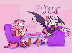  2025 amy_rose analog_clock anthro bat biped breasts cellphone chair chest_tuft cleavage clock clothed clothed_anthro clothed_female clothing container countershade_face countershade_torso countershading cup dialogue digital_drawing_(artwork) digital_media_(artwork) duo electronics english_description english_text eulipotyphlan female furniture handbag hedgehog holding_cellphone holding_object holding_phone humming-fly inside light_switch mammal membrane_(anatomy) membranous_wings phone plate rouge_the_bat sega sitting sonic_the_hedgehog_(series) table text tuft wings yelling 