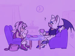  2025 amy_rose analog_clock anthro bat biped breasts cellphone chair chest_tuft cleavage clock clothed clothed_anthro clothed_female clothing container countershade_face countershade_torso countershading cup digital_drawing_(artwork) digital_media_(artwork) duo electronics english_description eulipotyphlan female furniture handbag hedgehog holding_cellphone holding_object holding_phone humming-fly inside light_switch mammal membrane_(anatomy) membranous_wings phone plate question_mark rouge_the_bat sega sitting sonic_the_hedgehog_(series) table tuft wings 
