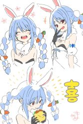  +++ +_+ :d :t ^_^ animal_ear_fluff animal_ears black_gloves black_leotard blue_hair blush bow braid brown_eyes burger carrot_hair_ornament closed_eyes closed_mouth commentary_request cropped_torso detached_sleeves don-chan_(usada_pekora) dress eating female food food-themed_hair_ornament fur-trimmed_gloves fur_trim gloves hair_between_eyes hair_ornament hairbow hand_to_own_mouth hand_up highres holding holding_food hololive kiritoma leotard long_hair multicolored_hair multiple_views puffy_short_sleeves puffy_sleeves rabbit-shaped_pupils rabbit_ears short_eyebrows short_sleeves signature simple_background smile strapless strapless_dress strapless_leotard symbol-shaped_pupils thick_eyebrows translation_request twin_braids twintails two-tone_hair upper_body usada_pekora usada_pekora_(1st_costume) very_long_hair virtual_youtuber white_background white_bow white_dress white_hair white_sleeves 