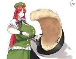  absurdres beret black_bow black_ribbon blue_eyes bow braid breasts china_dress chinese_clothes cooking dress female food fried_rice fried_rice_prank_(meme) gigantic_breasts green_hat green_vest hairbow hat hat_ornament highres hong_meiling long_hair meme omikami puffy_short_sleeves puffy_sleeves red_hair ribbon short_sleeves signature solo star_(symbol) star_hat_ornament touhou vest white_background wok 